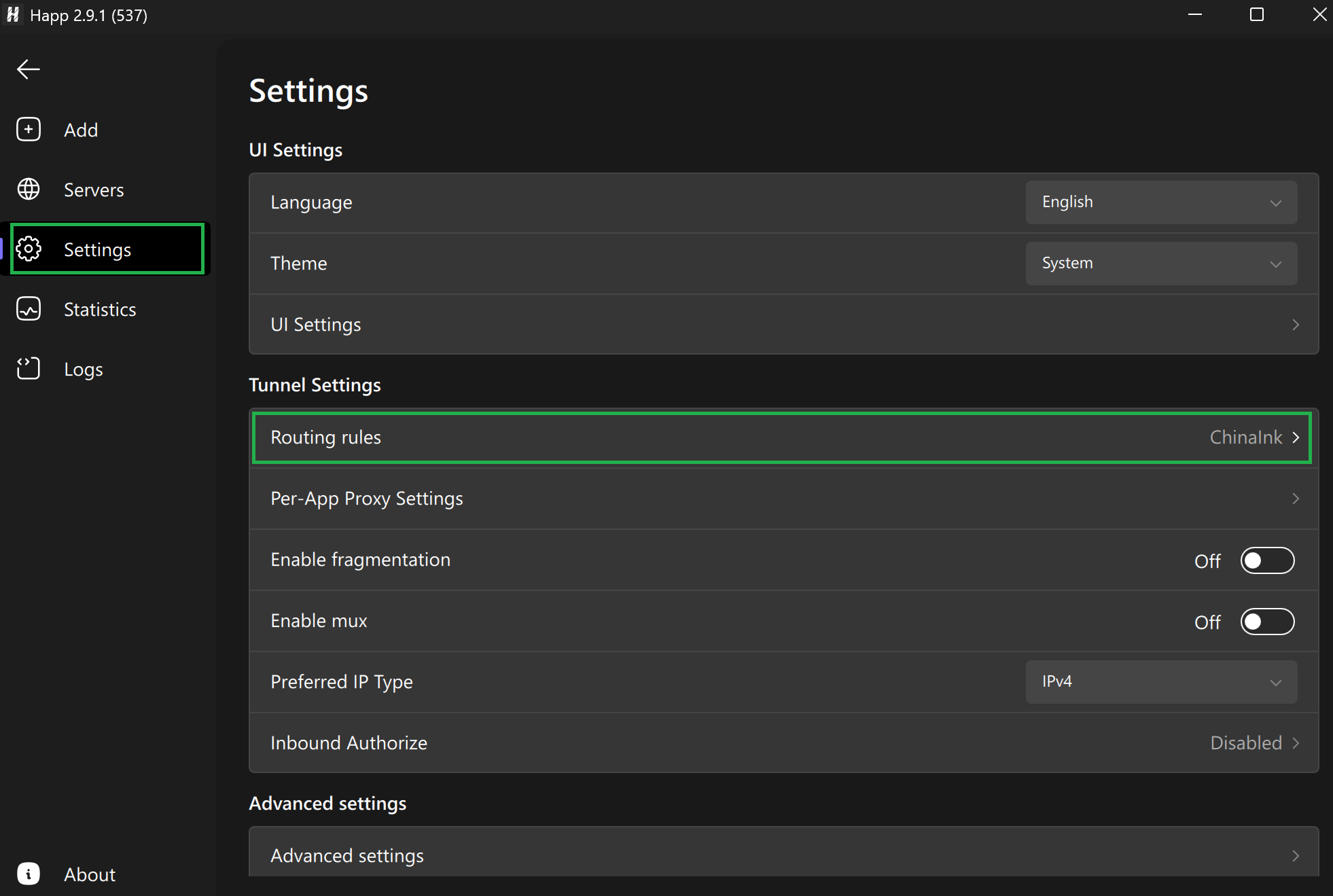 Happ routing rules screen