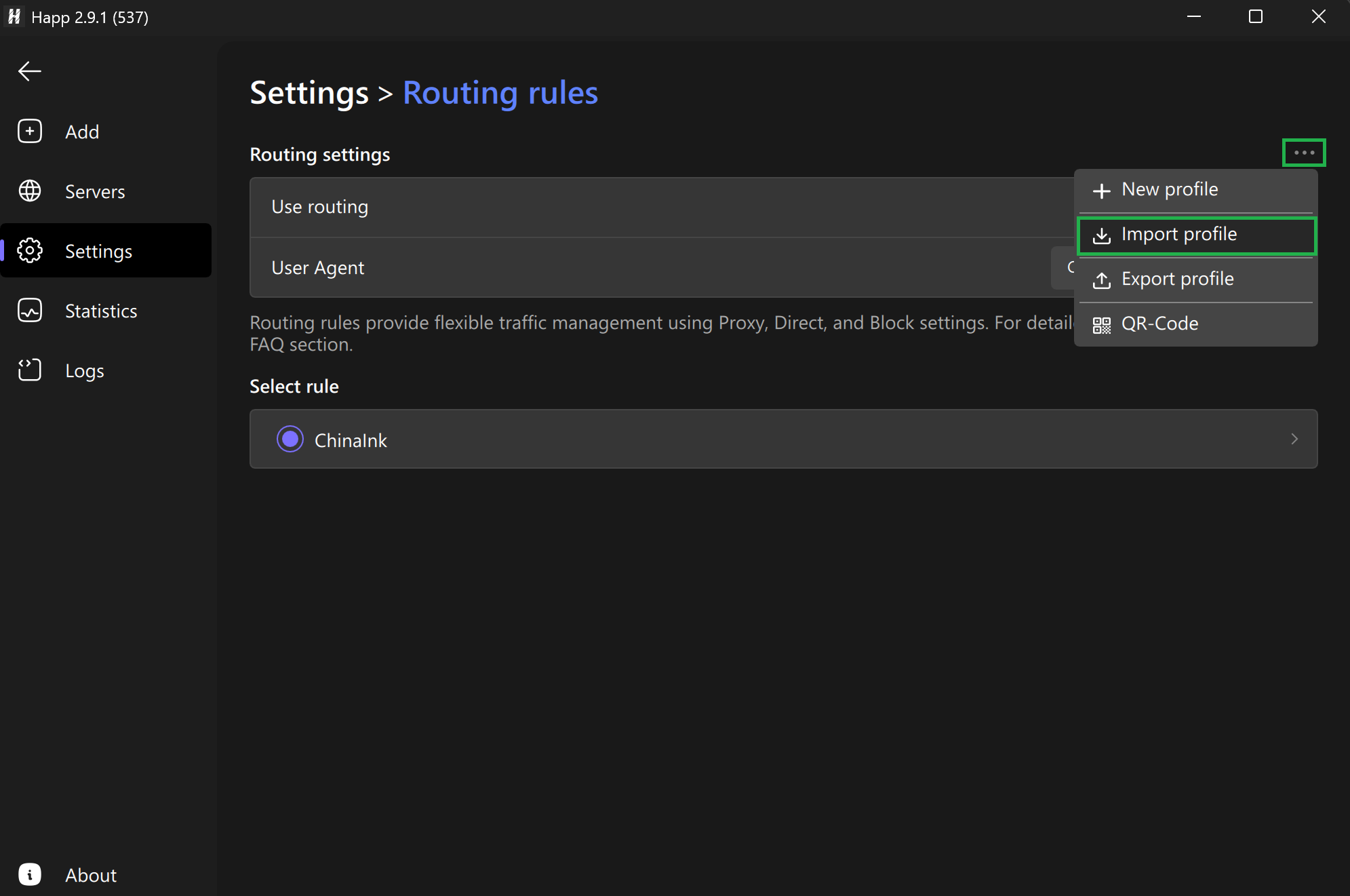 Happ import routing profile screen