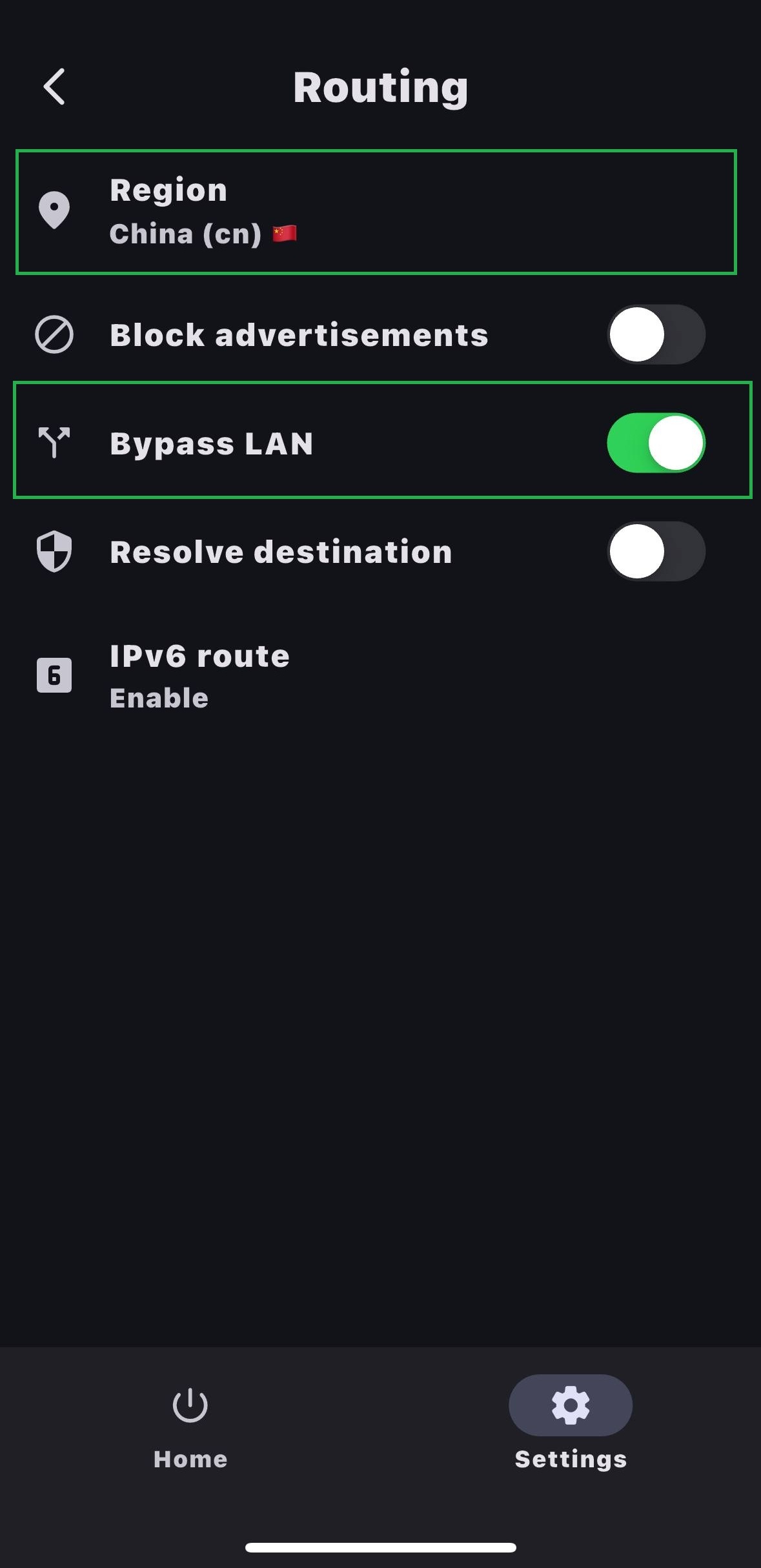 Hiddify China bypass route mode screen