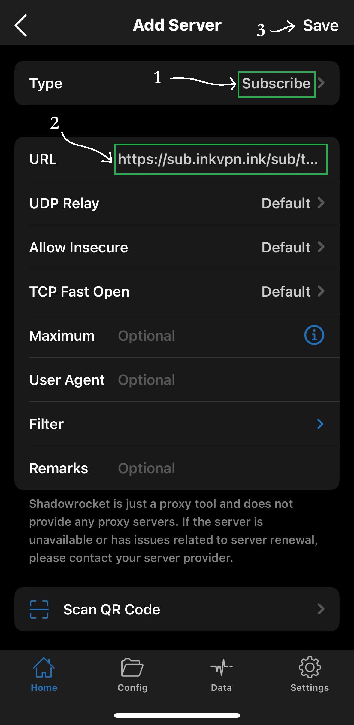 Shadowrocket subscription URL screen