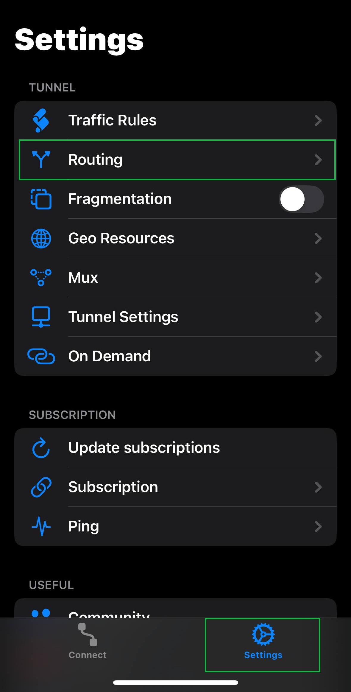 v2rayTun routing settings screen